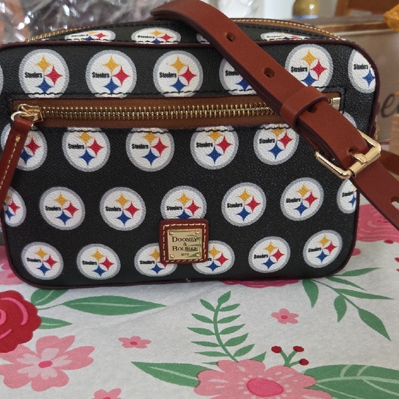 Dooney & Bourke Black Crossbody with Multi-Color Logo Print and Brown Strap